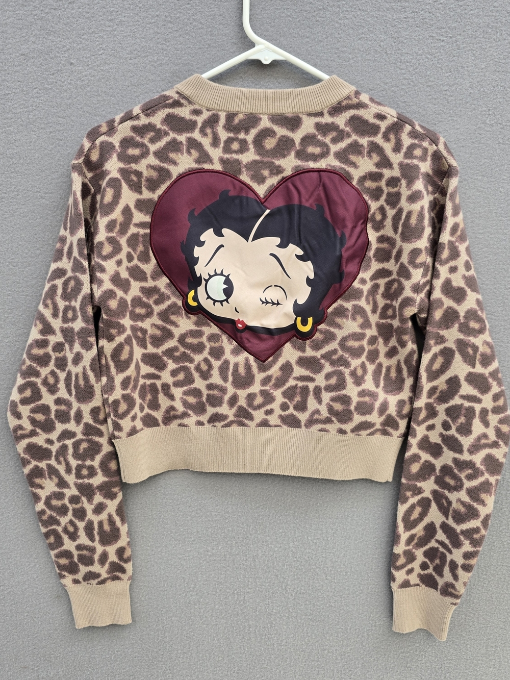 Betty Boop Leopard Print Cropped Cardigan with Appliqued Heart Graphic XXS